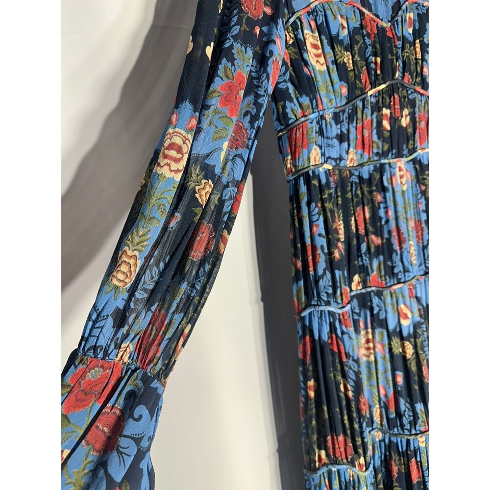 FARM Rio Arabesque Floral Tiered Maxi Dress Gown Blue Red Long Sleeve Size M - Picture 6 of 13